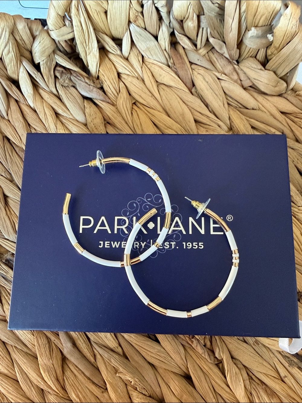 Park Lane White and Gold Hoop Earrings with Enamel Accents